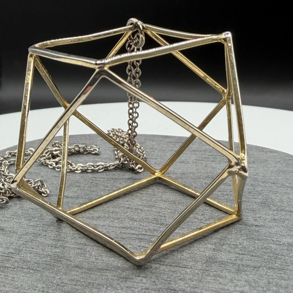 Two Tone Geometric Cube Pendant Necklace 3D Wireframe Modernist Statement Gift